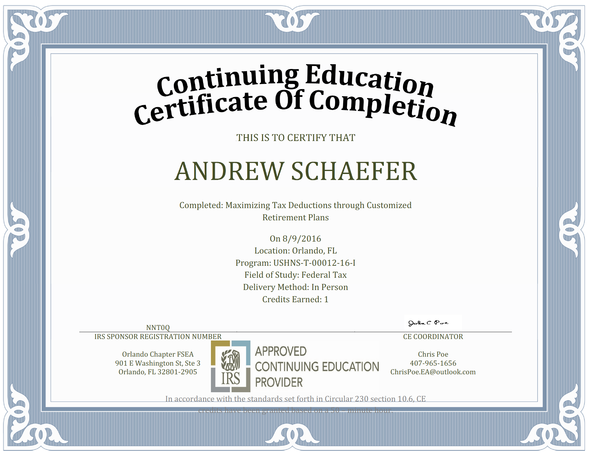 Continuing Education – Orlando Chapter FSEA Within Continuing Education Certificate Template
